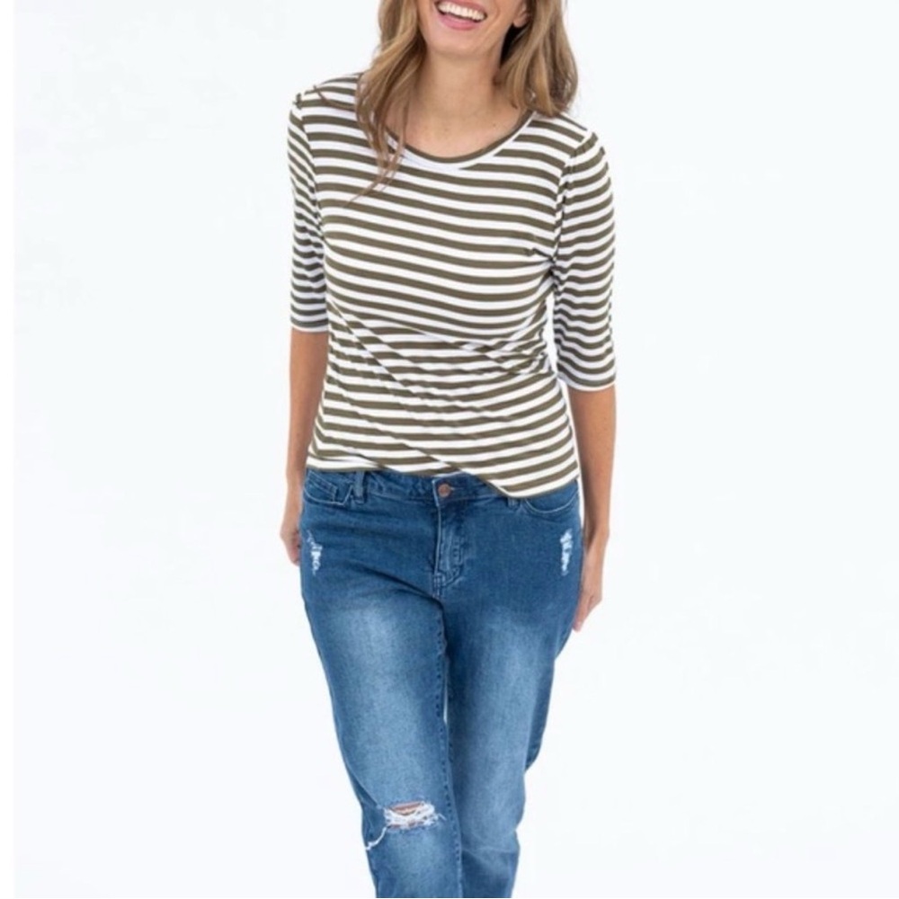 evy's tree The Ramona Olive and White Striped 3/4 Sleeve Top